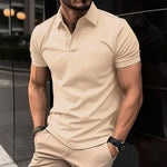 Front view of men's button lapel polo shirt

